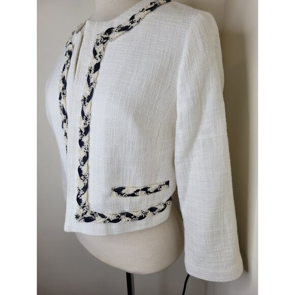 Womens Karl Lagerfeld Paris White Tweed Open Cropped Jacket Braided Trim M - Picture 2 of 8